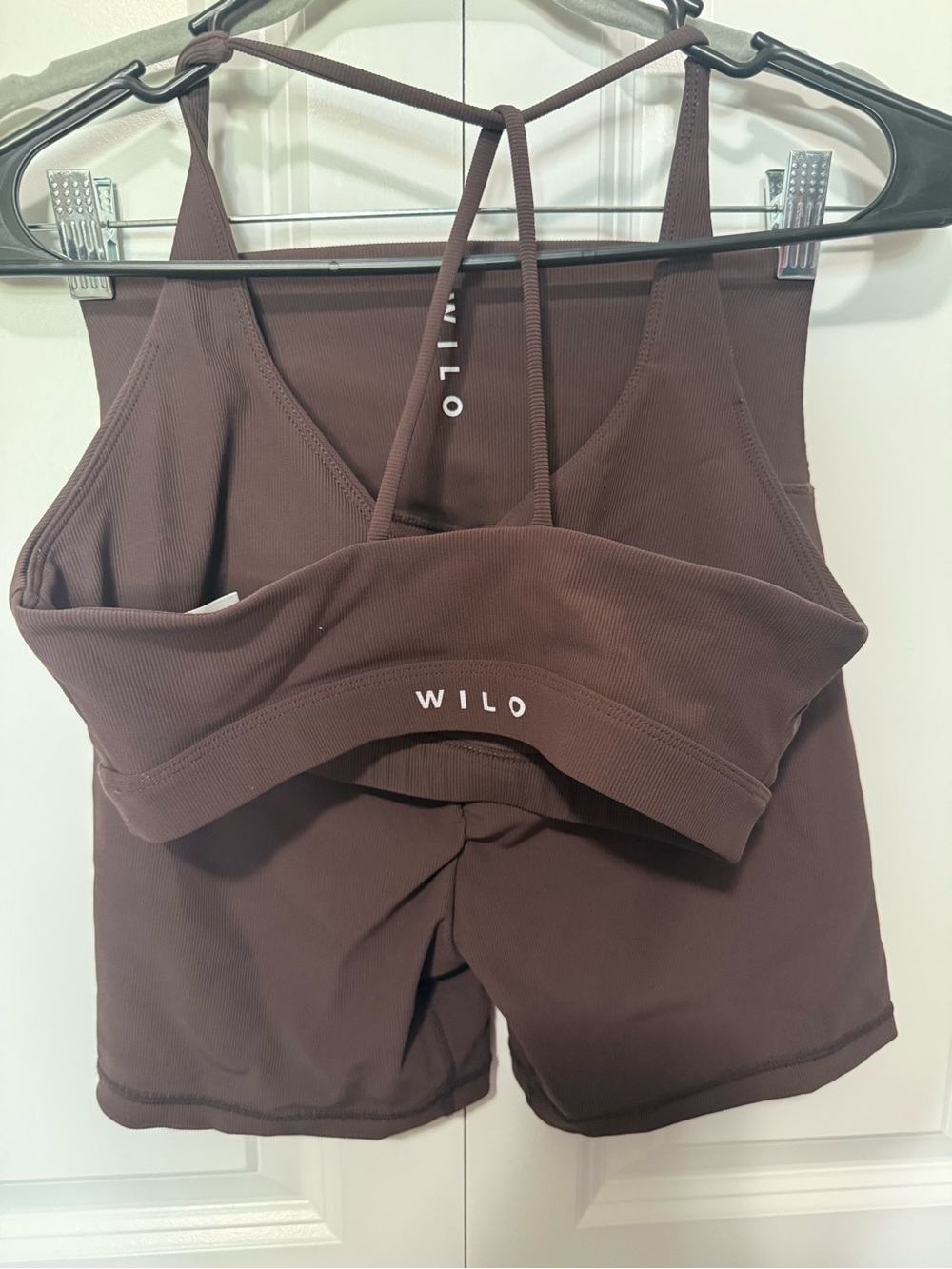 Wilo - Seamless Strappy Top & High-Rise Shorts Set - Deep Brown - size small - Picture 5 of 5